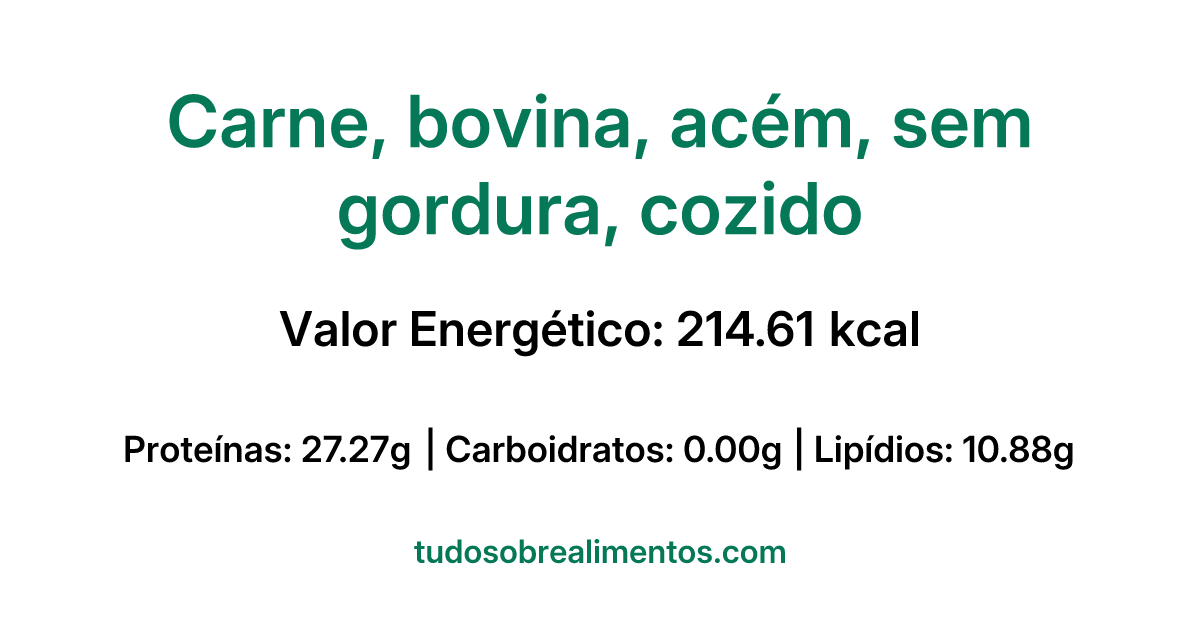 Informações Nutricionais: Carne, bovina, acém, sem gordura, cozido