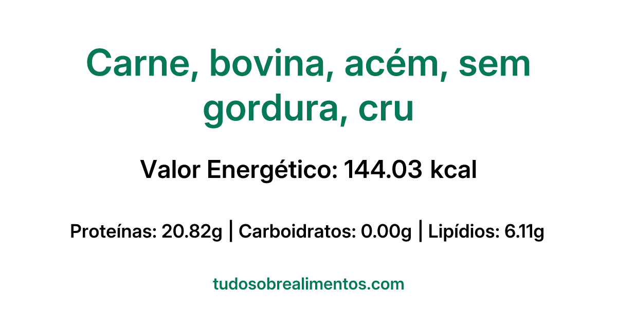 Informações Nutricionais: Carne, bovina, acém, sem gordura, cru