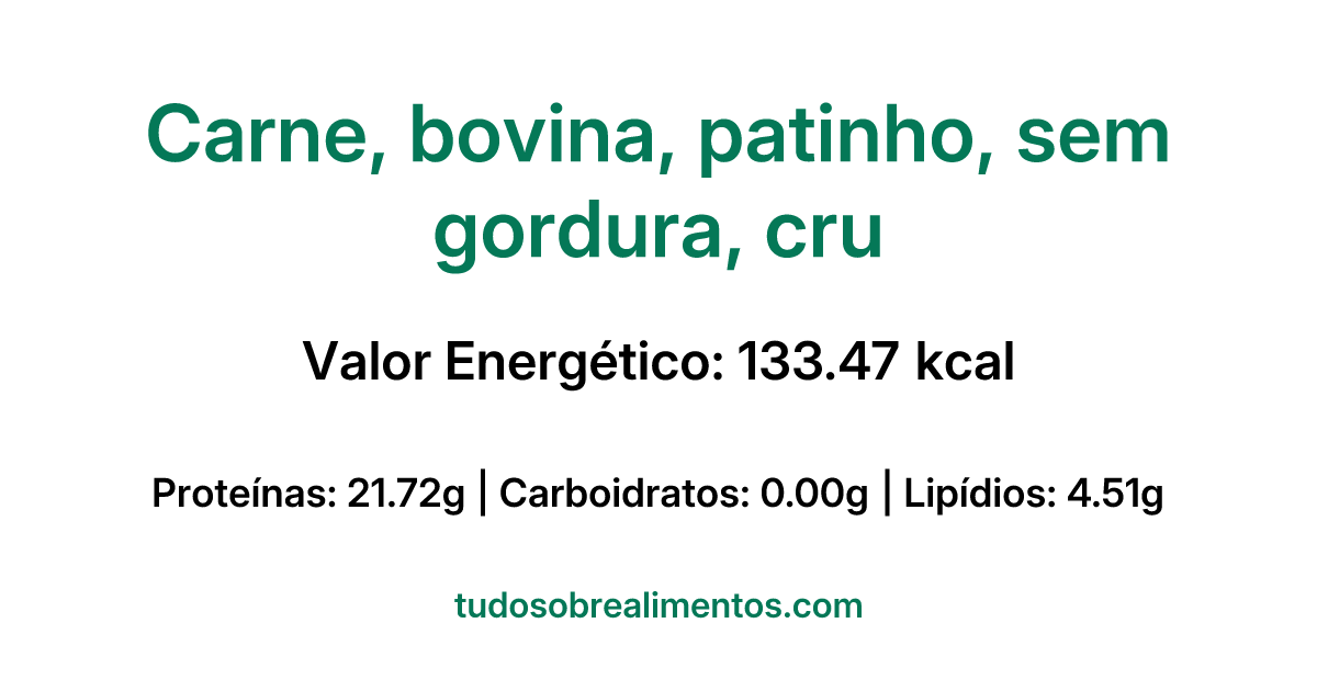 Informações Nutricionais: Carne, bovina, patinho, sem gordura, cru