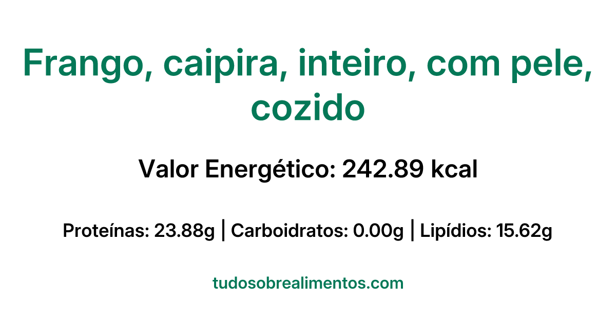 Informações Nutricionais: Frango, caipira, inteiro, com pele, cozido