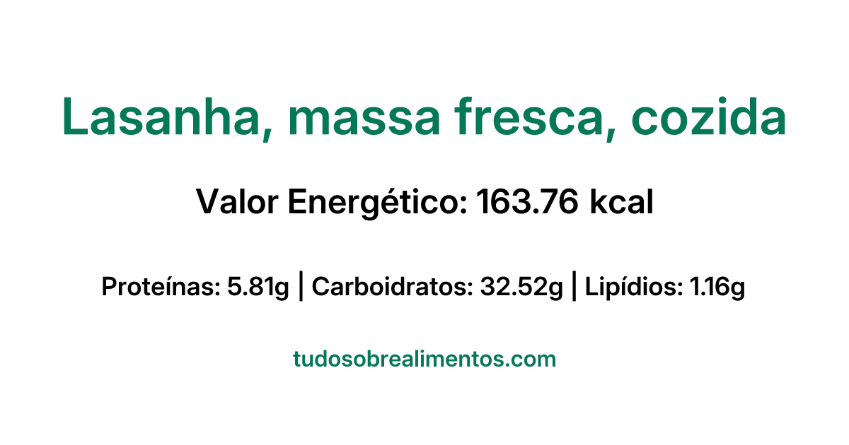 Informações Nutricionais: Lasanha, massa fresca, cozida